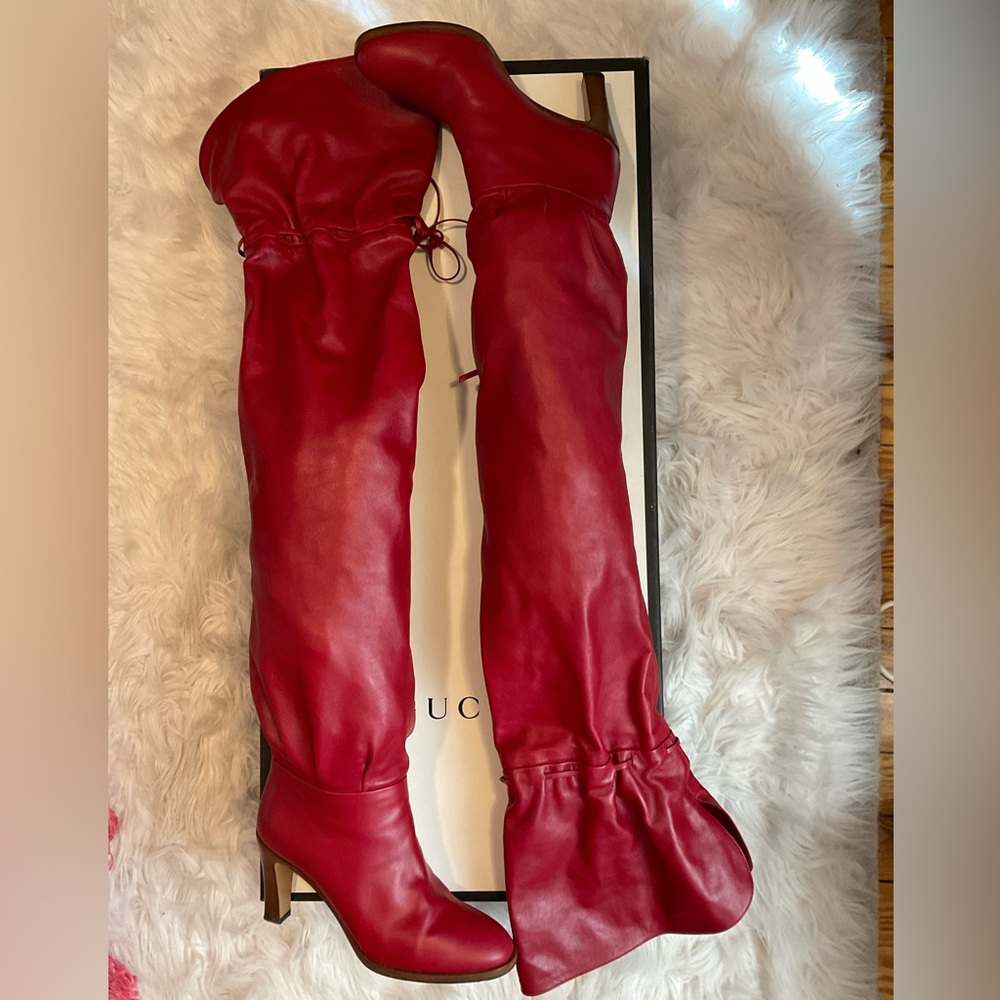 Red Gucci thigh high boots